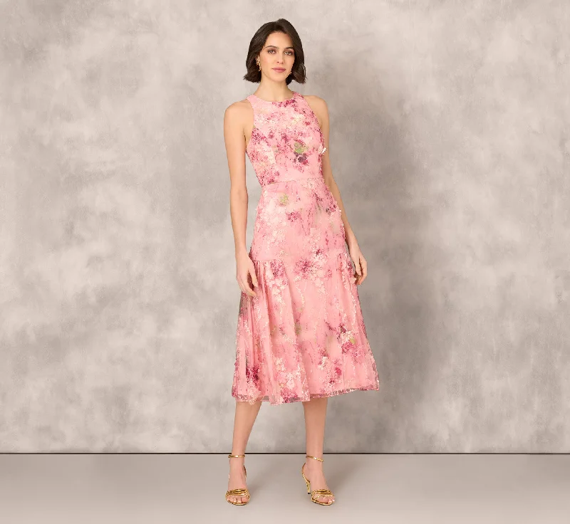 Wedding guest dresses for summer outdoor ceremonies -Sleeveless Embroidered Side Flounce Midi Dress In Pink Multi Wedding guest dresses for summer outdoor ceremonies -Sleeveless Embroidered Side Flounce Midi Dress In Pink Multi