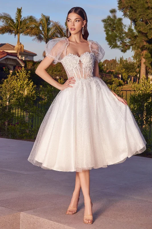 Graduation dresses with a sweetheart neckline for a romantic touch -White Short Sleeve Tea Length Dress by Ladivine CD0187W Graduation dresses with a sweetheart neckline for a romantic touch -White Short Sleeve Tea Length Dress by Ladivine CD0187W