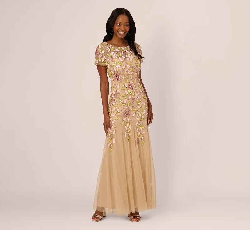 Wedding guest dresses for a garden tea party -Short Sleeve Vine Beaded Godet Gown In Nude Multi Wedding guest dresses for a garden tea party -Short Sleeve Vine Beaded Godet Gown In Nude Multi