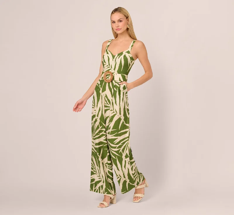 Spring dresses with sheer overlays for a delicate touch -Sleeveless Palm Leaf Wide Leg Jumpsuit In Green Ivory Spring dresses with sheer overlays for a delicate touch -Sleeveless Palm Leaf Wide Leg Jumpsuit In Green Ivory