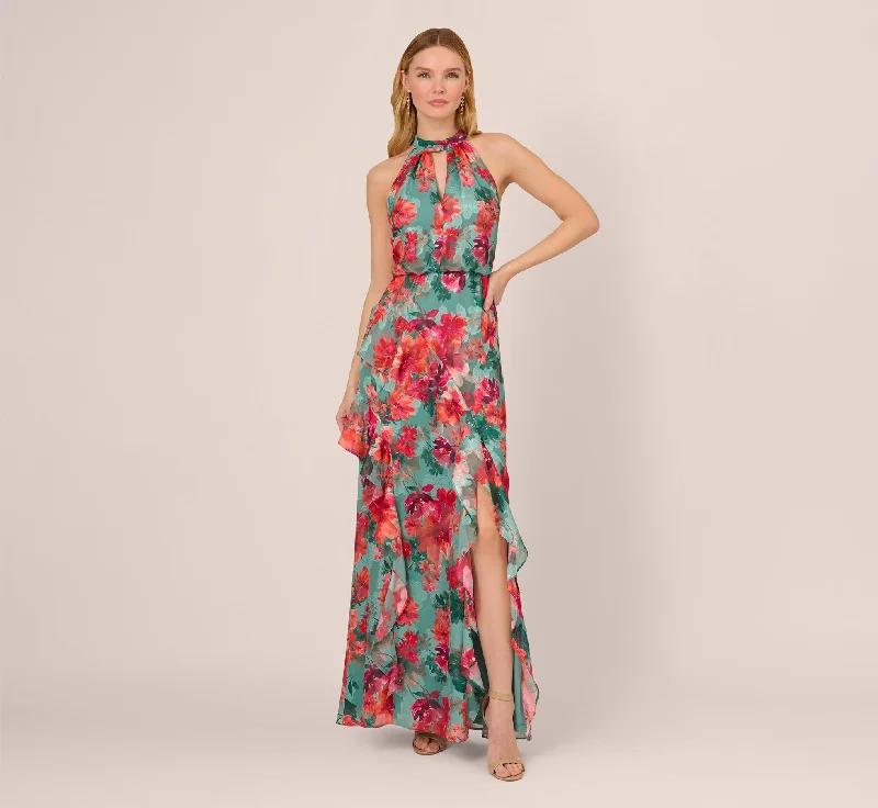 formal dresses in pastel colors for springtime events --Floral Printed Halter Mermaid Gown With Ruffle Details In Turquoise Multi formal dresses in pastel colors for springtime events --Floral Printed Halter Mermaid Gown With Ruffle Details In Turquoise Multi