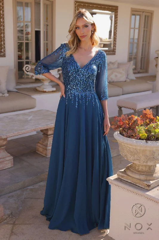 Wedding guest dresses with structured bodices for a polished look -Sequin Bodice 3/4 Sleeve A-line Gown by Nox Anabel MF100 Wedding guest dresses with structured bodices for a polished look -Sequin Bodice 3/4 Sleeve A-line Gown by Nox Anabel MF100