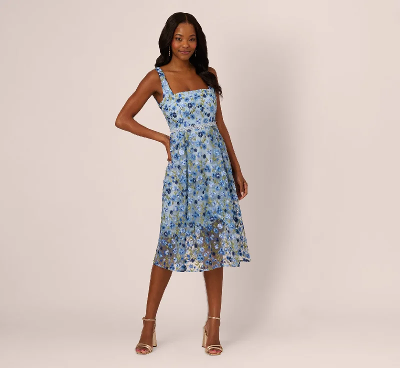 Elegant wedding guest dresses for traditional ceremonies -Sleeveless Square Neck Floral Embroidered Midi Dress In Blue Multi Elegant wedding guest dresses for traditional ceremonies -Sleeveless Square Neck Floral Embroidered Midi Dress In Blue Multi