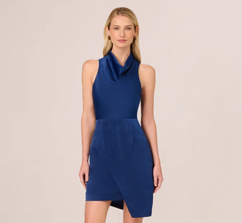 Spring dresses for casual weekends with a laid-back vibe -Satin Sleeveless Asymmetric Dress With Draped Neckline In Navy Spring dresses for casual weekends with a laid-back vibe -Satin Sleeveless Asymmetric Dress With Draped Neckline In Navy