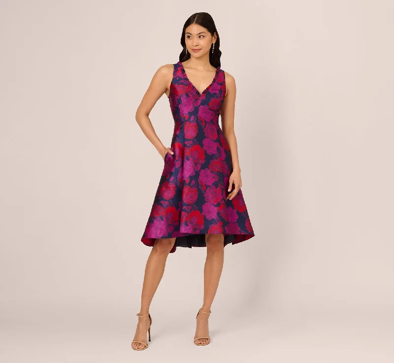 Spring dresses for a baby shower with fun patterns -Sleeveless Floral Jacquard Midi Dress With High Low Skirt In Navy Multi Spring dresses for a baby shower with fun patterns -Sleeveless Floral Jacquard Midi Dress With High Low Skirt In Navy Multi
