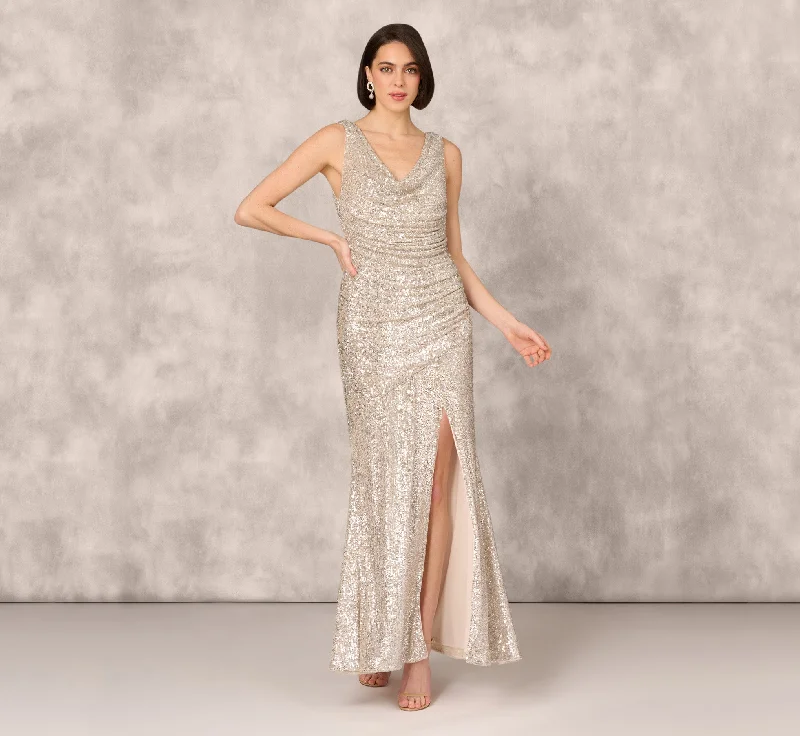 formal dresses for plus size women with A-line skirts --Stretch Sequin Sleeveless Cowl Neck Gown With Gathered Details In Champagne Silver formal dresses for plus size women with A-line skirts --Stretch Sequin Sleeveless Cowl Neck Gown With Gathered Details In Champagne Silver