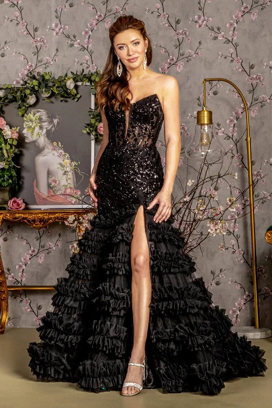 cocktail dresses with pleated skirts for elegant flow --Fitted Sequin Strapless Ruffled Slit Gown by GLS Gloria GL3315 cocktail dresses with pleated skirts for elegant flow --Fitted Sequin Strapless Ruffled Slit Gown by GLS Gloria GL3315