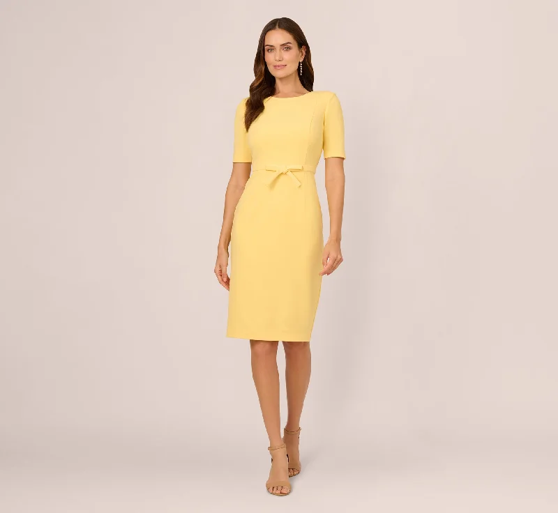 Elegant spring dresses for a formal event -Short Sleeve Bow Waist Sheath Dress In Warm Sun Elegant spring dresses for a formal event -Short Sleeve Bow Waist Sheath Dress In Warm Sun
