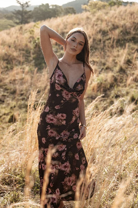 cocktail dresses with bow accents for feminine touch --Enya Maxi Dress - Chocolate Floral cocktail dresses with bow accents for feminine touch --Enya Maxi Dress - Chocolate Floral