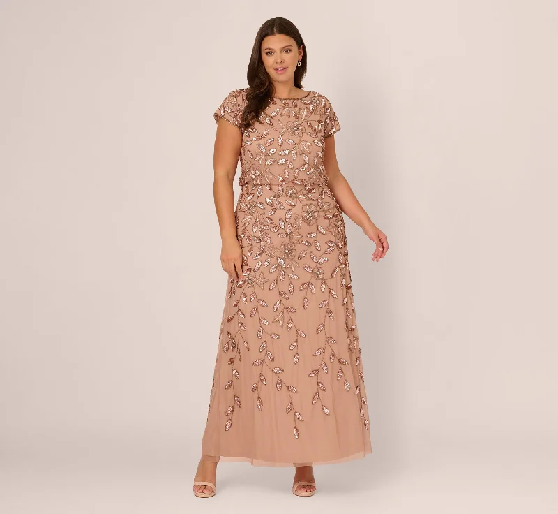 formal dresses with satin sashes for waist accentuation --Plus Size Blouson Short Sleeve Beaded Long Dress In Rose Gold formal dresses with satin sashes for waist accentuation --Plus Size Blouson Short Sleeve Beaded Long Dress In Rose Gold