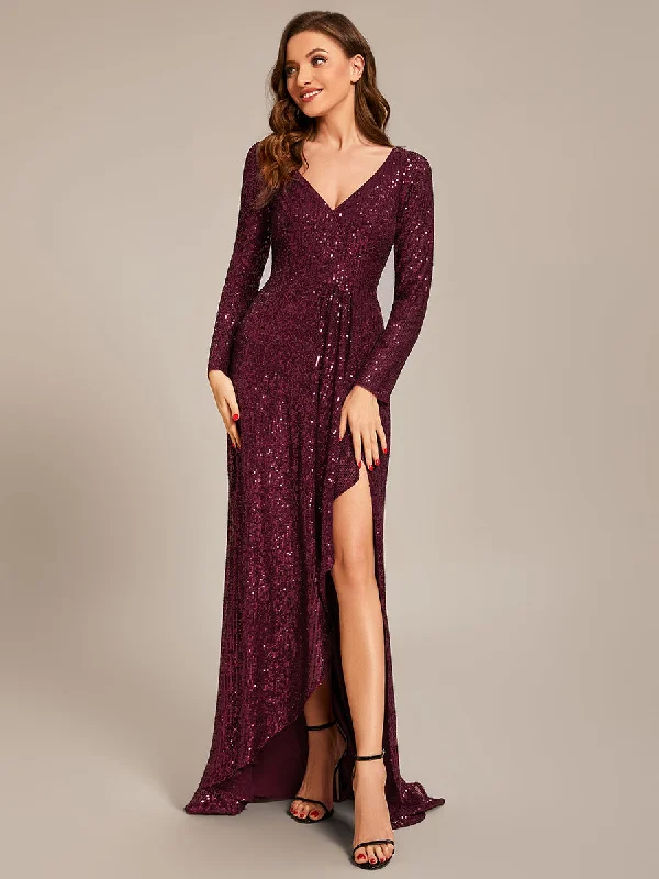 formal dresses for evening galas with sequin embellishments --Deep V Neck Long Sleeves Split Wholesale Evening Dresses Gowns formal dresses for evening galas with sequin embellishments --Deep V Neck Long Sleeves Split Wholesale Evening Dresses Gowns