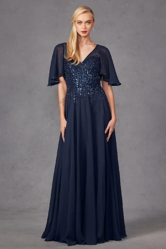 Fun and flirty wedding guest dresses for a celebration vibe -Embellished Chiffon Flutter Sleeve A-line Gown by Juliet JTM14F Fun and flirty wedding guest dresses for a celebration vibe -Embellished Chiffon Flutter Sleeve A-line Gown by Juliet JTM14F