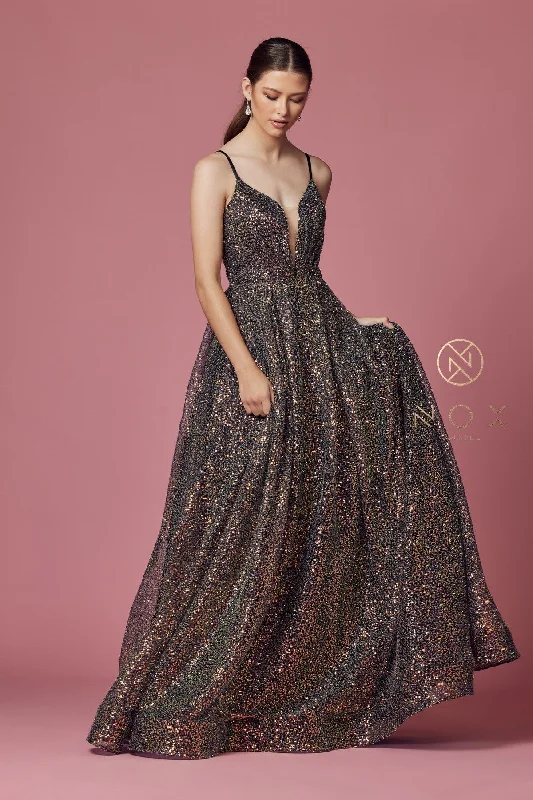 cocktail dresses with chiffon overlays for soft texture --Sleeveless Iridescent Glitter Gown by Nox Anabel R1030 cocktail dresses with chiffon overlays for soft texture --Sleeveless Iridescent Glitter Gown by Nox Anabel R1030