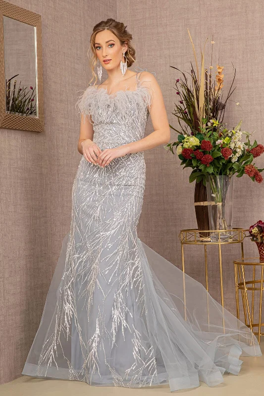 formal dresses with lace sleeves for classic elegance --Sequin Print Feather Mermaid Gown by GLS Gloria GL3117