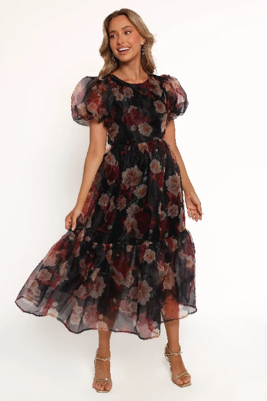 Wedding guest dresses with asymmetrical necklines for modern elegance -Elspeth Midi Dress - Black Floral Wedding guest dresses with asymmetrical necklines for modern elegance -Elspeth Midi Dress - Black Floral