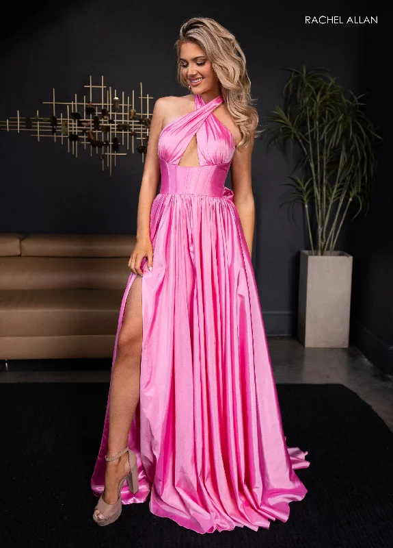 cocktail dresses with sequin skirts for party nights --Taffeta Halter A-line Slit Gown by Rachel Allan 70689