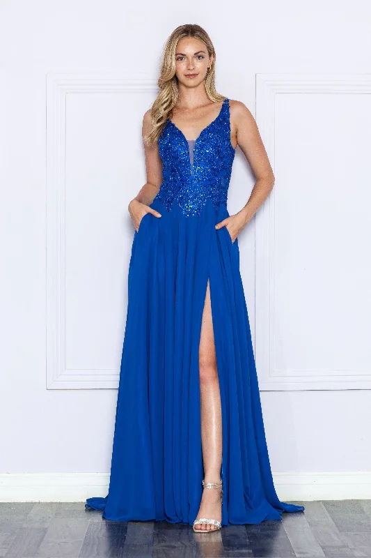 elegant cocktail dresses for summer weddings with floral prints --Embroidered Chiffon Sleeveless Slit Gown by Poly USA 9366 elegant cocktail dresses for summer weddings with floral prints --Embroidered Chiffon Sleeveless Slit Gown by Poly USA 9366