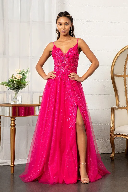 cocktail dresses with chiffon overlays for soft texture --Long 3D Floral Slit Dress by Elizabeth K GL3034