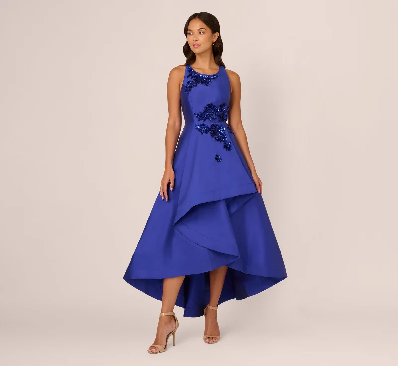 formal dresses for holiday parties in jewel tones --Bead Mikado High Low Long Dress In Ultra Blue formal dresses for holiday parties in jewel tones --Bead Mikado High Low Long Dress In Ultra Blue