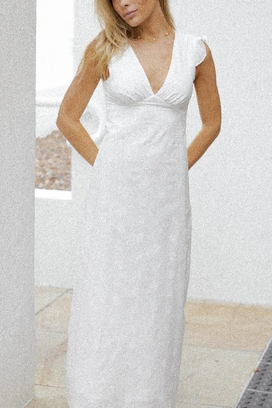 Affordable graduation dresses for budget-conscious students -Ensley Flutter Sleeve Maxi Dress - White Affordable graduation dresses for budget-conscious students -Ensley Flutter Sleeve Maxi Dress - White