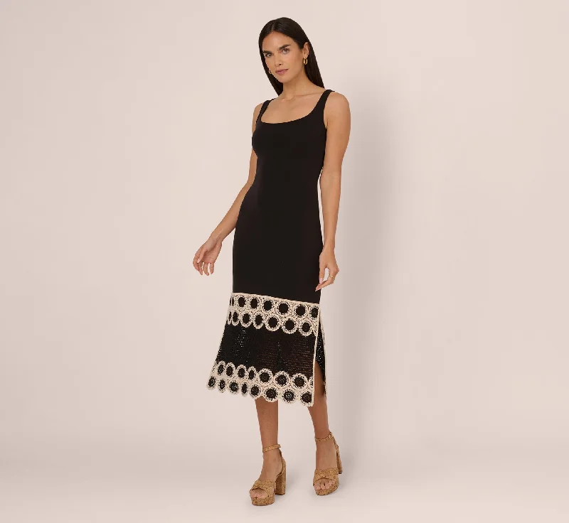 Spring dresses for fall transition with layering options -Crochet Trimmed Sheath Midi Dress With Tank Straps In Black Ecru Spring dresses for fall transition with layering options -Crochet Trimmed Sheath Midi Dress With Tank Straps In Black Ecru