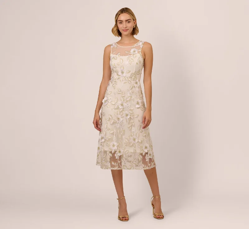 Vintage-inspired spring dresses for a retro vibe -Floral Embroidery Illusion Midi Dress In Ivory Gold Vintage-inspired spring dresses for a retro vibe -Floral Embroidery Illusion Midi Dress In Ivory Gold