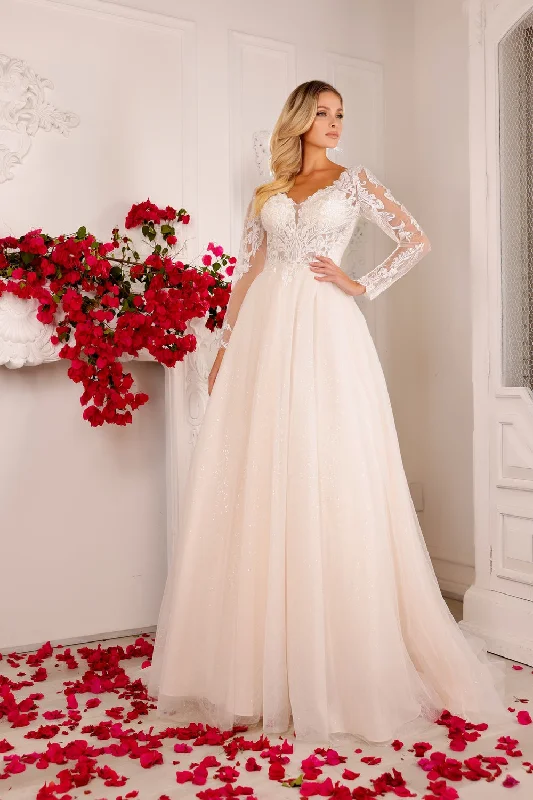Wedding guest dresses with deep V-necks for added allure -Long Sleeve Tulle Bridal Gown by Abby Lane 97136 Wedding guest dresses with deep V-necks for added allure -Long Sleeve Tulle Bridal Gown by Abby Lane 97136