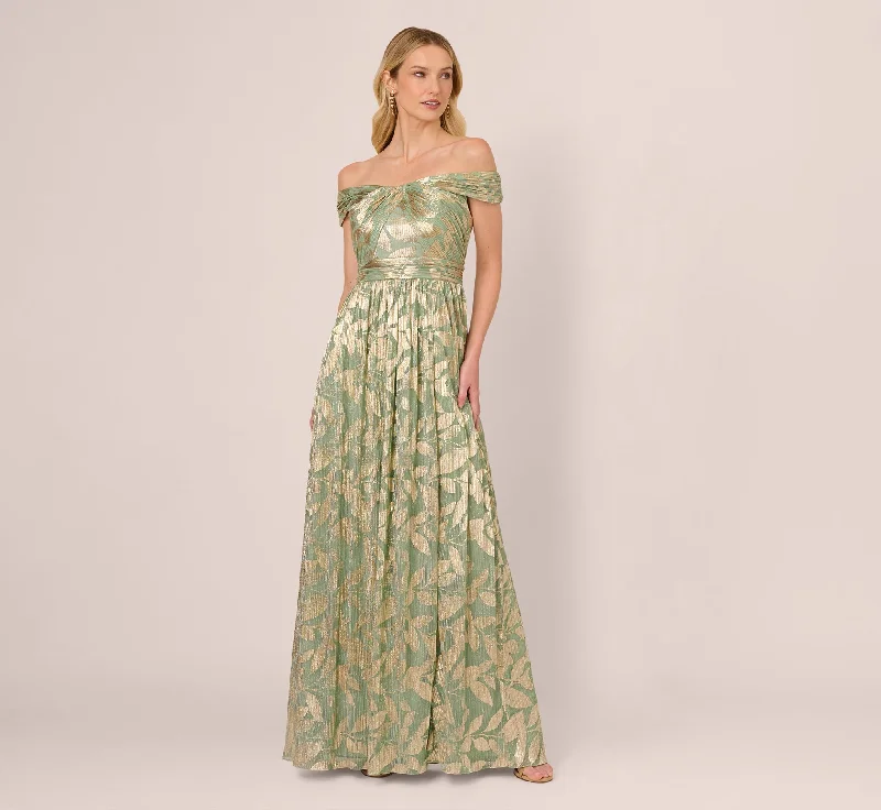 formal dresses with floral appliques for romantic looks --Off Shoulder Foil Leaf Crinkle Gown In Sage Gold formal dresses with floral appliques for romantic looks --Off Shoulder Foil Leaf Crinkle Gown In Sage Gold