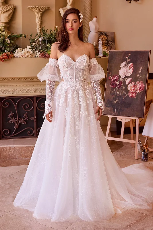 cocktail dresses with floral appliques for spring vibes --Strapless Long Sleeve Bridal Gown by Ladivine WL032 - Outlet
