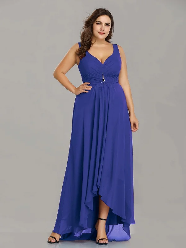 Elegant high-low dresses for fashionable party looks -Double V Neck Rhinestones Ruched Bust High Low Evening Dresses Elegant high-low dresses for fashionable party looks -Double V Neck Rhinestones Ruched Bust High Low Evening Dresses