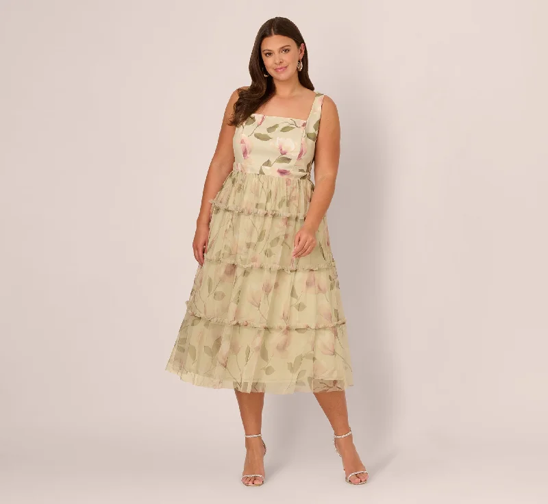 Summer wedding guest dresses in vibrant hues -Plus Size Sleeveless Square Neck Floral Tiered Midi Dress In Green Multi Summer wedding guest dresses in vibrant hues -Plus Size Sleeveless Square Neck Floral Tiered Midi Dress In Green Multi