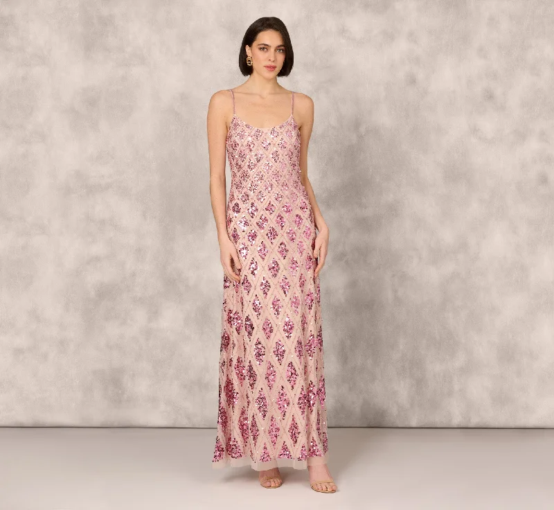 formal dresses with sequined bodices for sparkle --Geometric Sequin Beaded Gown With Scoop Neckline In Pink Multi formal dresses with sequined bodices for sparkle --Geometric Sequin Beaded Gown With Scoop Neckline In Pink Multi