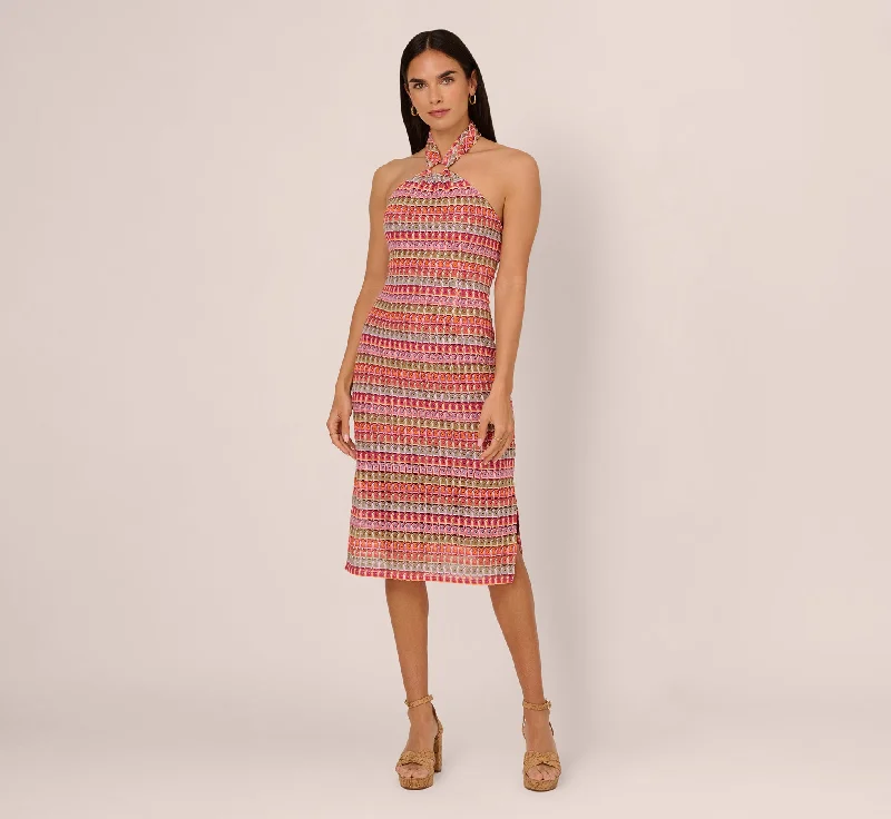 Spring dresses with adjustable straps for a custom fit -Multicolor Crochet Midi Dress With Halter Neckline In Purple Multi Spring dresses with adjustable straps for a custom fit -Multicolor Crochet Midi Dress With Halter Neckline In Purple Multi