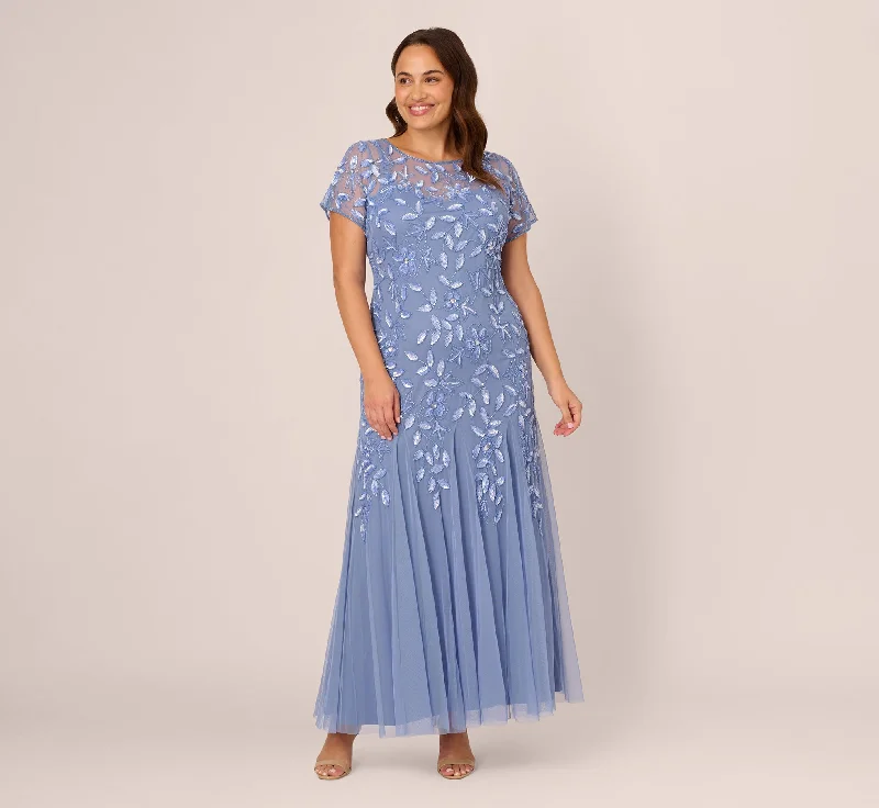 formal dresses with lace necklines for feminine touch --Plus Size Hand Beaded Short Sleeve Floral Godet Gown In French Blue