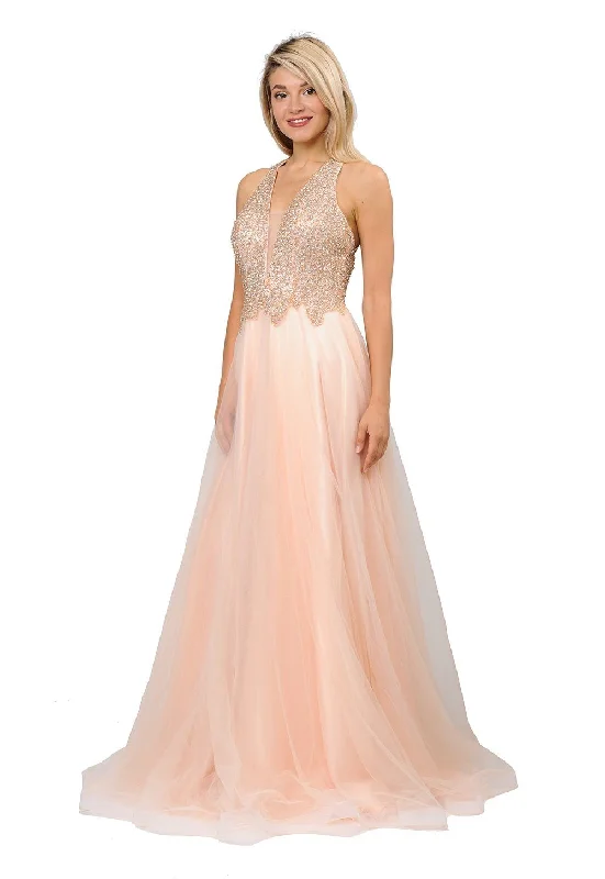 Simple and elegant dresses for wedding guests -Long V-Neck Mesh Dress with Beaded Bodice by Poly USA 8412 Simple and elegant dresses for wedding guests -Long V-Neck Mesh Dress with Beaded Bodice by Poly USA 8412