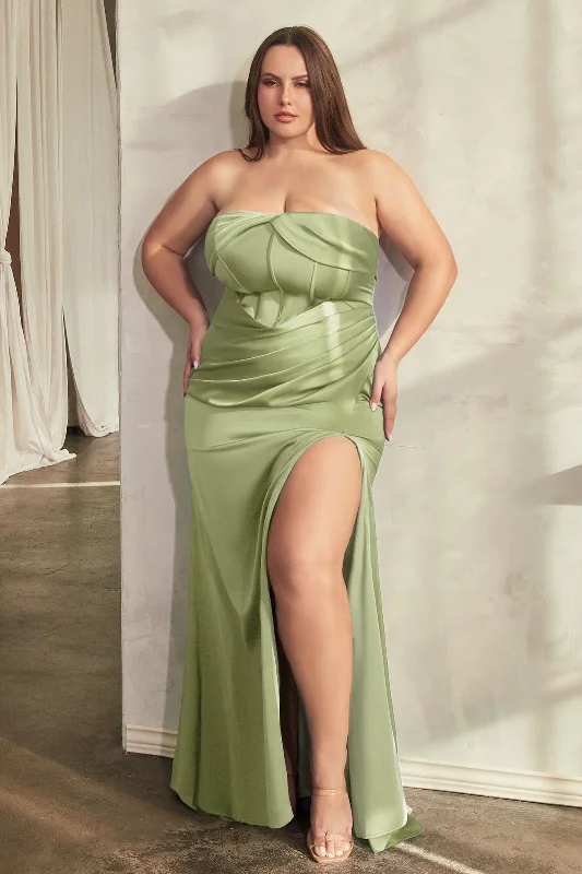 bridesmaid dresses with satin fabric for smooth finish --Plus Size Satin Strapless Corset Slit Gown by Ladivine CD326C bridesmaid dresses with satin fabric for smooth finish --Plus Size Satin Strapless Corset Slit Gown by Ladivine CD326C