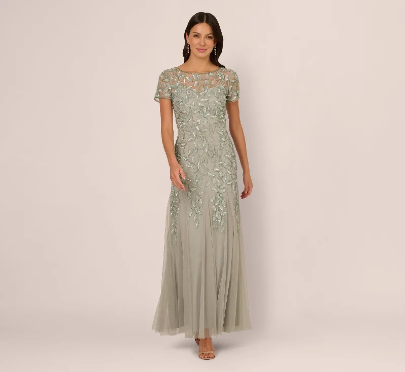formal dresses for tall women with high slits --Hand Beaded Short Sleeve Floral Godet Gown In Frosted Sage formal dresses for tall women with high slits --Hand Beaded Short Sleeve Floral Godet Gown In Frosted Sage