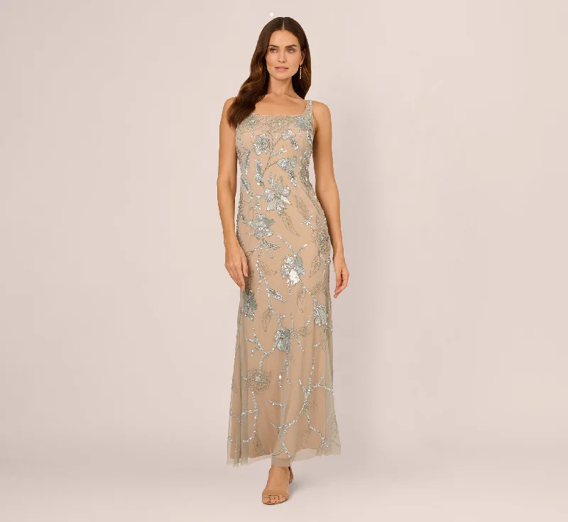 formal dresses with detachable capes for dramatic effect --Sleeveless Square Neck Beaded Mermaid Gown In Frosted Sage Nude formal dresses with detachable capes for dramatic effect --Sleeveless Square Neck Beaded Mermaid Gown In Frosted Sage Nude