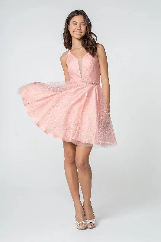 Bright floral dresses for outdoor garden parties -Illusion Deep V-Neck Short Glitter Dress by Elizabeth K GS2865
