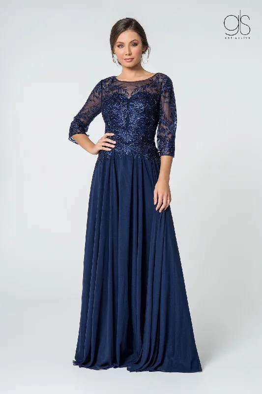 Wedding guest dresses with a flattering fit-and-flare design -Long Embroidered Bodice Dress with 3/4 Sleeves by Elizabeth K GL2810