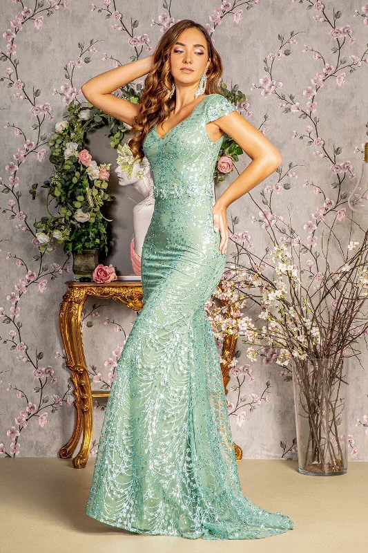 Elegant wedding guest dresses with delicate lace detailing -Fitted Glitter Print Short Sleeve Gown by GLS Gloria GL3414 Elegant wedding guest dresses with delicate lace detailing -Fitted Glitter Print Short Sleeve Gown by GLS Gloria GL3414