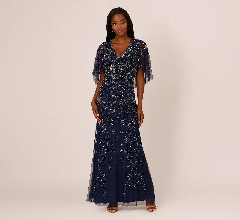 vintage style formal dresses with floral prints --Sequin Beaded Gown With Sheer Cape Sleeves In Light Navy vintage style formal dresses with floral prints --Sequin Beaded Gown With Sheer Cape Sleeves In Light Navy