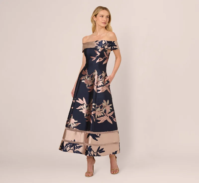 Wedding guest dresses with vintage flair for a throwback vibe -Off Shoulder 2 Tone Jacquard Fit And Flare Midi Dress In Navy Blush Wedding guest dresses with vintage flair for a throwback vibe -Off Shoulder 2 Tone Jacquard Fit And Flare Midi Dress In Navy Blush