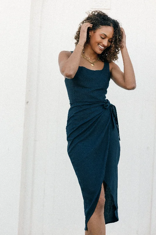 Simple graduation dresses for a minimalist style -Misty Wrap Midi Dress - Navy