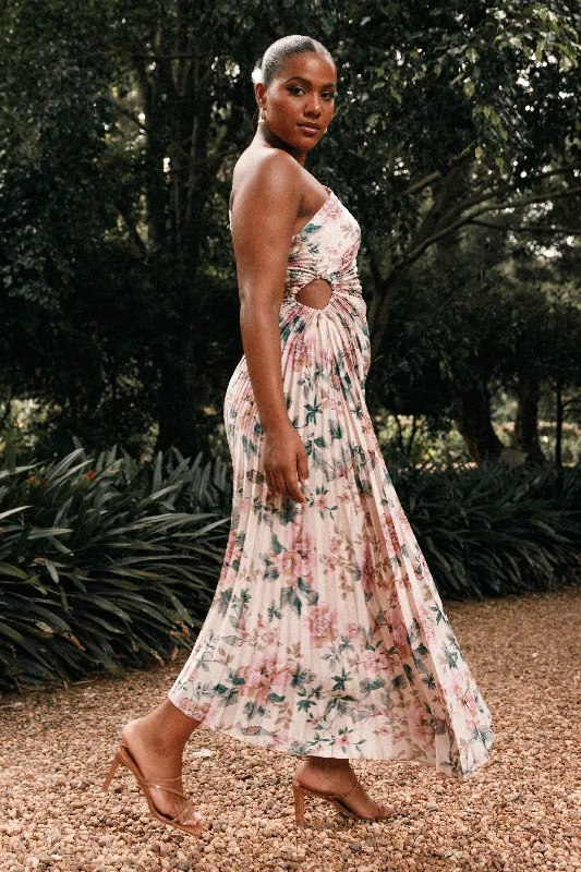 bridesmaid dresses for beach weddings in light breathable fabrics --Kleo One Shoulder Maxi Dress - Pink Floral bridesmaid dresses for beach weddings in light breathable fabrics --Kleo One Shoulder Maxi Dress - Pink Floral