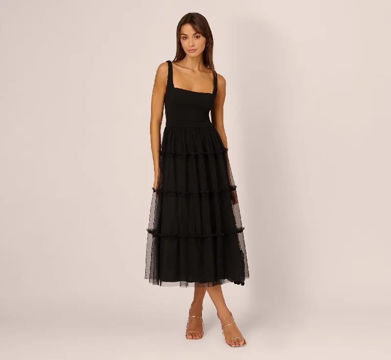 Wedding guest dresses with flattering A-line silhouettes for any occasion -Sleeveless Midi Dress With Square Neck And Tiered Skirt In Black Wedding guest dresses with flattering A-line silhouettes for any occasion -Sleeveless Midi Dress With Square Neck And Tiered Skirt In Black