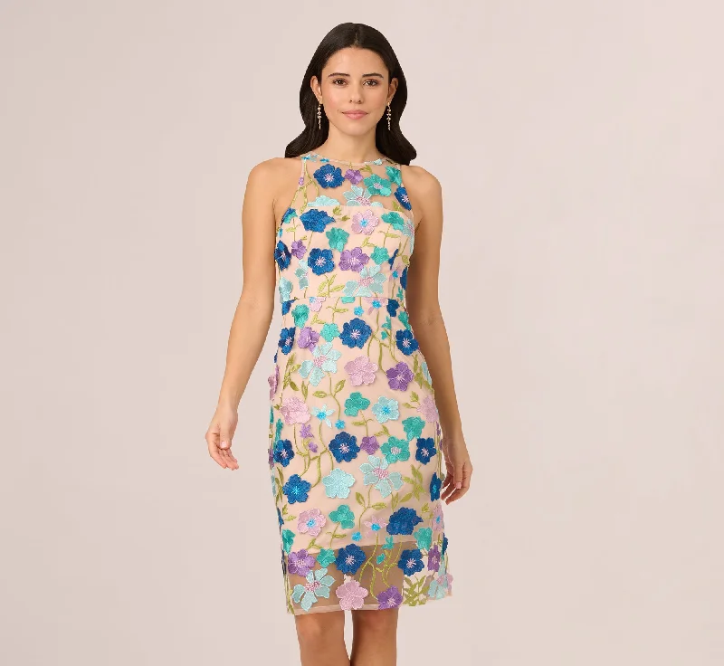 Sexy wedding guest dresses with back cutouts for added drama -Multicolor Floral Embroidered Halter Midi Dress In Blue Multi Sexy wedding guest dresses with back cutouts for added drama -Multicolor Floral Embroidered Halter Midi Dress In Blue Multi