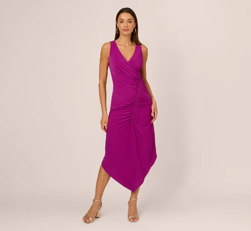 Vibrant spring dresses for a pop of color -Sleeveless Shirred Jersey Midi Dress With Asymmetrical Hem In Wild Magenta Vibrant spring dresses for a pop of color -Sleeveless Shirred Jersey Midi Dress With Asymmetrical Hem In Wild Magenta