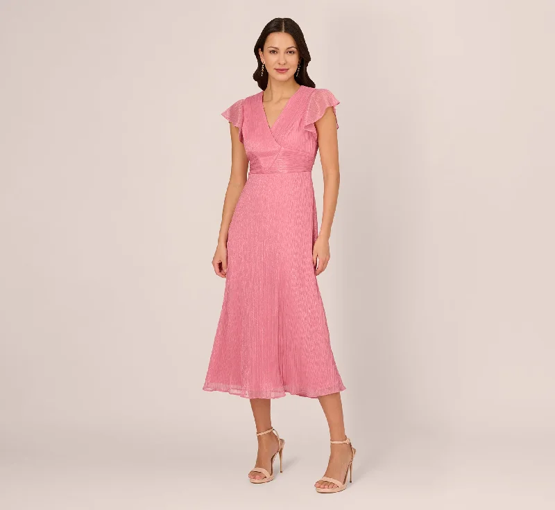 Wedding guest dresses with sheer panels for a sultry look -Crinkle Mesh Midi Dress With Flutter Sleeves In Faded Rose Wedding guest dresses with sheer panels for a sultry look -Crinkle Mesh Midi Dress With Flutter Sleeves In Faded Rose