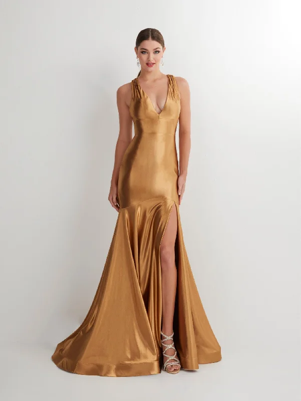 cocktail dresses with high-low hemlines for unique styles --Fitted Satin V-Neck Slit Gown by Studio 17 12890 cocktail dresses with high-low hemlines for unique styles --Fitted Satin V-Neck Slit Gown by Studio 17 12890